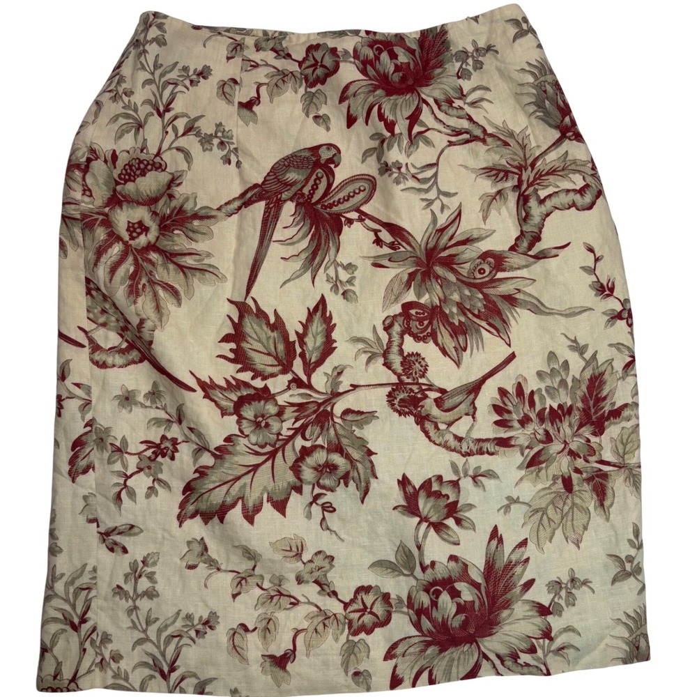 Silk Club Collection Pencil Skirt Womens Cream Red Linen Bird Floral Toile 10
